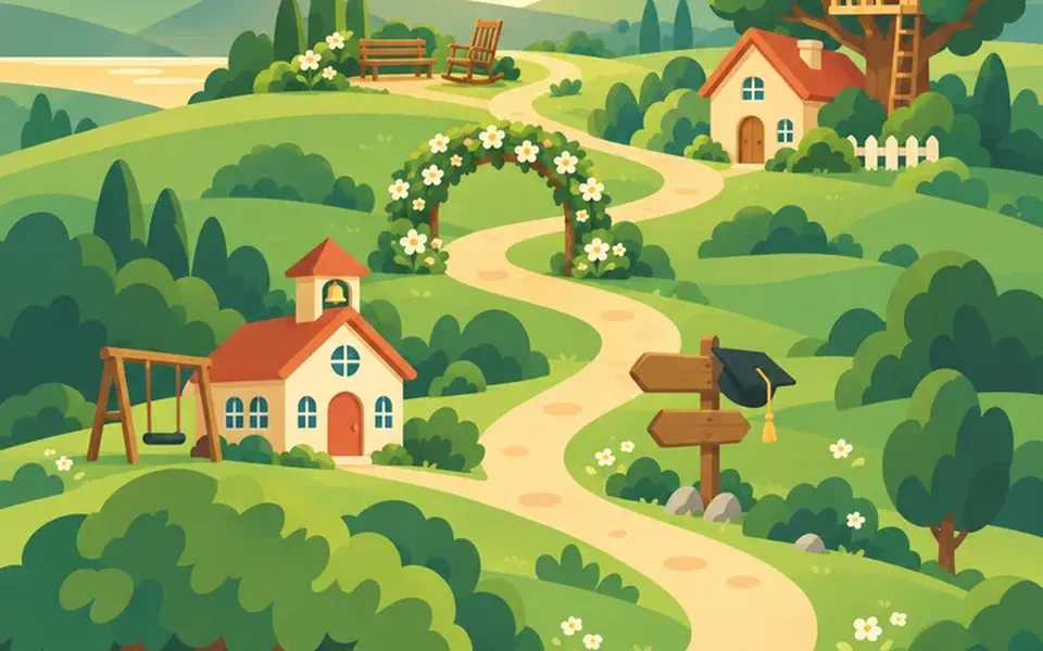 A winding path through green hills, from a nursery to a schoolhouse and beyond